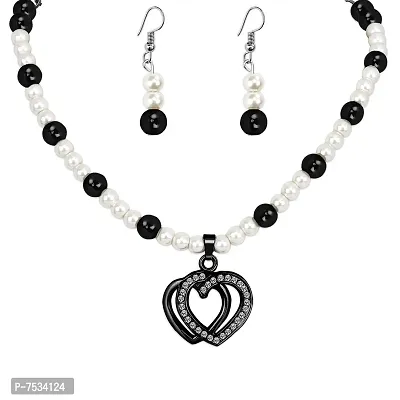 Mikado Classic Black White Crystal Pearl Heart Jewellery Set For Women