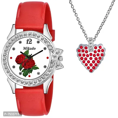 Mikado Romi Red Analog Wrist Watch with Red Heart Pendant for Girls and Women