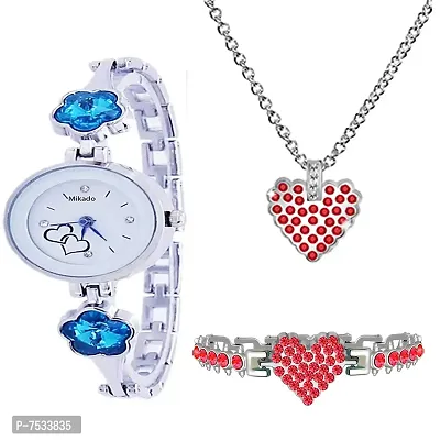 Mikado Blue Lotus Crystals Women's and Girl's Watch Pendant and Bracelet Combo