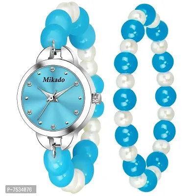 Mikado Blue Dolly Charming Crystal Pearls Beads Strap Analog Watch and Charm Bracelet Set for Women Analog Watch - for Women