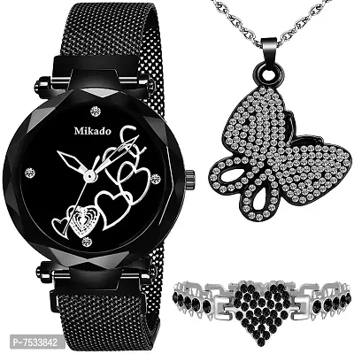 Mikado Black Analog Watch, Bracelet  Pendant Set for Girls and Women's