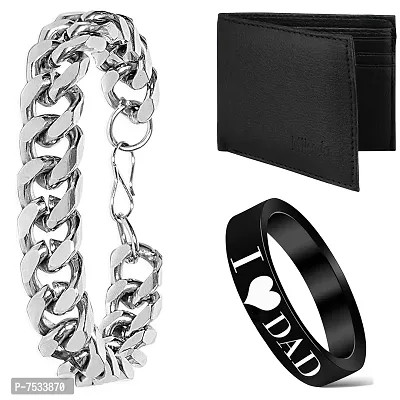 Mikado Silver Black Bracelet Ring And Wallet Combo For Men's And Boys-thumb0