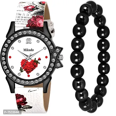 Mikado Red Heart Watch and Crystal Beads Bracelet for Women