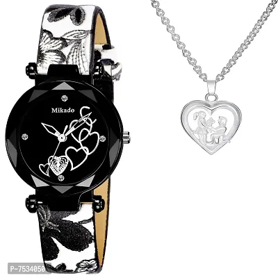 Mikado Alivia Women's and Girl's Analog Black Watch and Pendant Combo