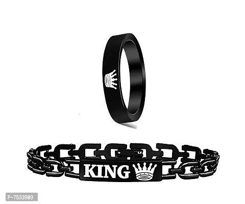 Mikado Brass Metal Crystal King Bracelet  Ring Combo for Men (Black)