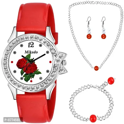 Classic PU Analog Watches with Bracelet, Necklace and Earring for Women