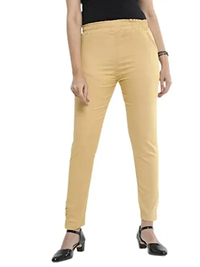 Elegant Beige Cotton Solid Trousers For Women