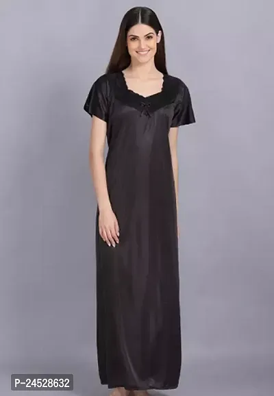 Elegant Black Satin Solid Nighty For Women-thumb0