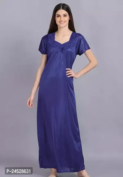 Elegant Navy Blue Satin Solid Nighty For Women