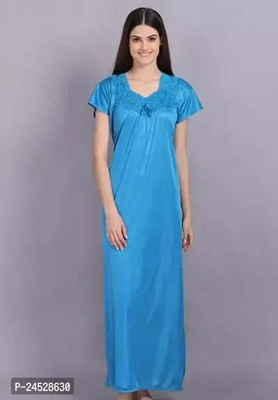 Elegant Blue Satin Solid Nighty For Women