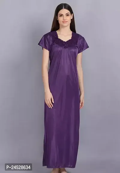 Elegant Purple Satin Solid Nighty For Women