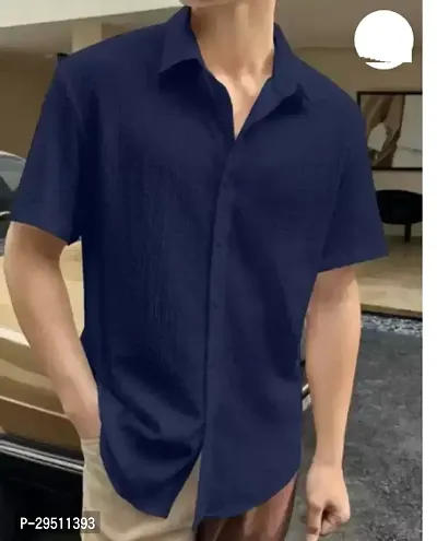 Reliable Navy Blue Cotton Solid Short Sleeves Casual Shirts For Men-thumb0