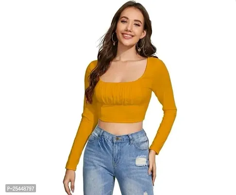 Elegant Yellow Cotton Blend Solid Top For Women-thumb0