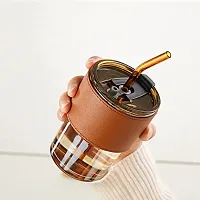 Tea And Cold Coffee Glass Sipper Tumbler With Lid And Straw Brown, 400 Ml-thumb1