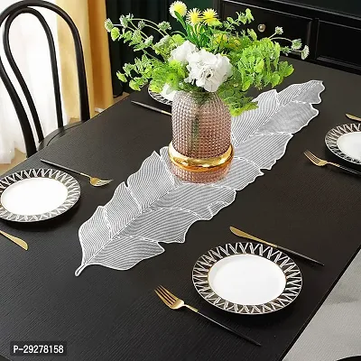 DPA Collection PVC Waterproof Soft  Cutwork Leaf Design Moulding Runner For Dining Table/Center Table Size(91x33)CM  Color - Silver-thumb0