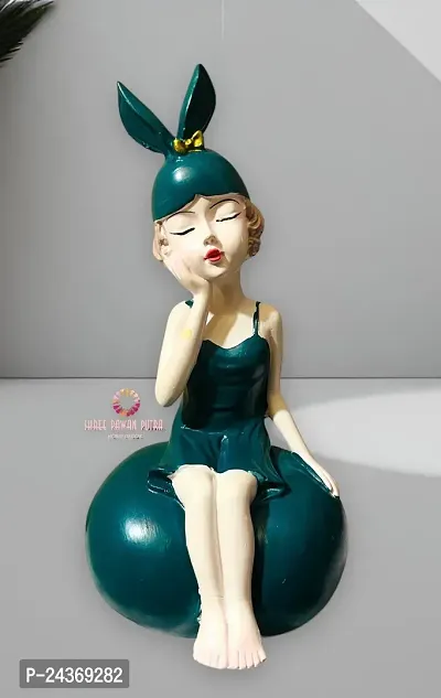 Cute Modern Green Girl Sitting On Stone Statue Figurines for Home Decor Outdoor, Living Room Decoration (8 Inches Height-thumb2