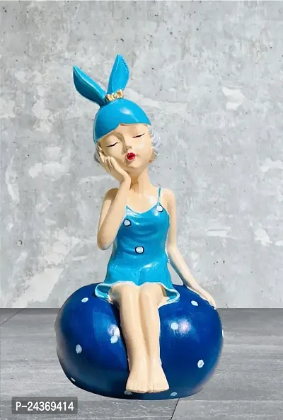 Cute Modern Blue Girl Sitting On Rock Stone Statue Figurines for Home Decor Outdoor, Living Room Decoration (8 Inch)