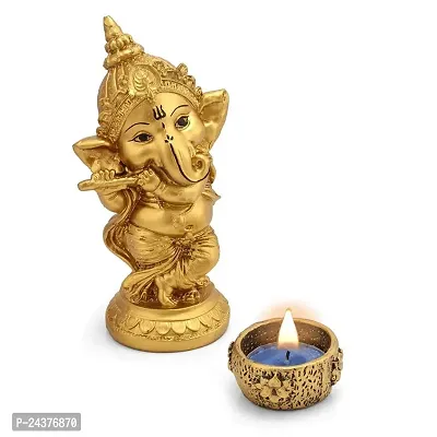 The SPP Golden Ganesha Statue for Home Decor Showpiece | Vinayaka Statue | Ganpati Murti | Ganesh ji ki Murti with Deepak, Tea Light Candle Holder (Golden, 6.5 Inch)-thumb2