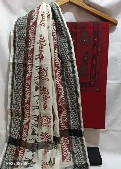 Elegant Maroon Cotton Embroidered Dress Material With Dupatta For Women