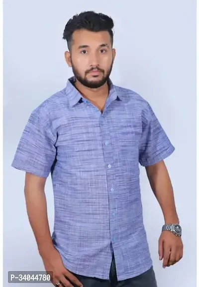 Stylish Blue Khadi Cotton Short Sleeves Casual Shirt For Men-thumb0