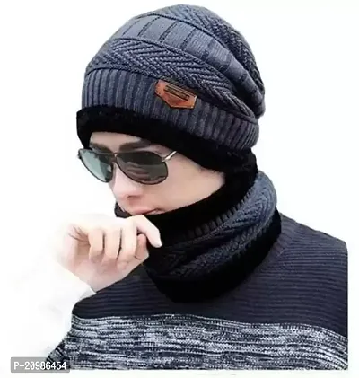 GLAMAXY Men Cap with Neck Scarf Cap, Winter Cap  Neck Scarf with Fleece, Unisex Beanie Cap with Neck Warmer for Men  Women,Thermal Cap,Thick Fluffy Woolen Cap (Grey)-thumb0