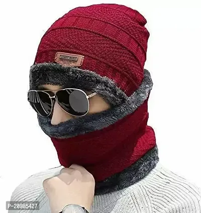 GLAMAXY Men Cap with Neck Scarf Cap, Winter Cap  Neck Scarf with Fleece, Unisex Beanie Cap with Neck Warmer for Men  Women,Thermal Cap,Thick Fluffy Woolen Cap (Maroon)-thumb0