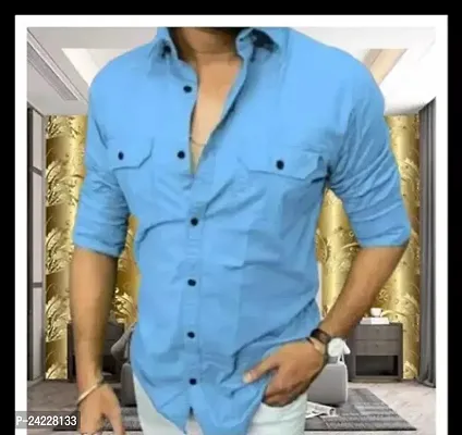 Reliable Blue Cotton Solid Long Sleeves Casual Shirts For Men-thumb0