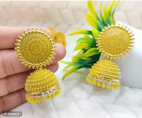 Pretty Yellow Brass Jhumkas Earrings For Women-thumb0