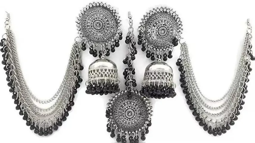 Total Fashion Oxidised Silver Antique Traditional Maang Tikka with Earrings Jewellery Set for Women and Girls(Black)