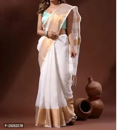 Stylish Chanderi Cotton White Striped Saree with Blouse piece-thumb0