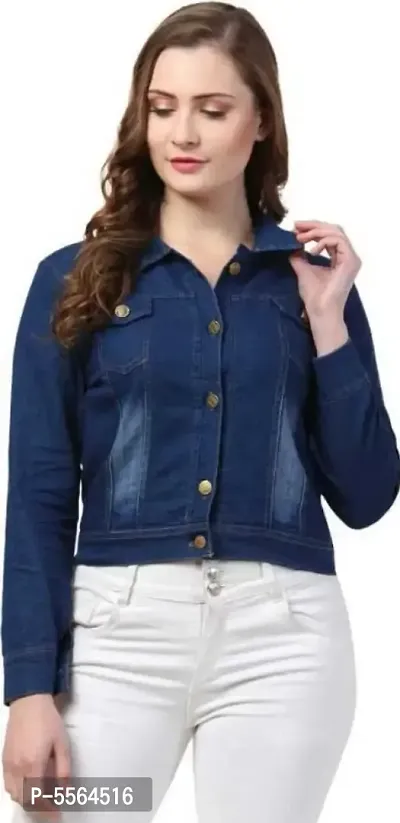 Stylish Dark Blue Casual Denim Jacket For Women-thumb0