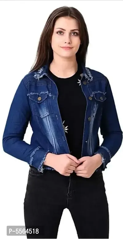 Stylish Dark Blue Embellished Casual Denim Jacket For Women