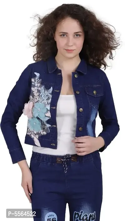 Stylish Dark Blue Flower Patch Casual Denim Jacket For Women