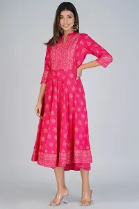 Womens Rayon Fabric Gold Printed 3/4th Sleeve Flared Dress(Pink)-thumb1