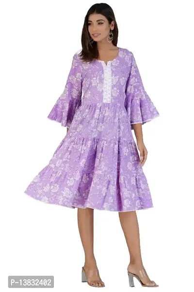 Cotton Fabric Bell Sleeve Layered Floral Printed Knee Length Asymmetric Purple Dress-thumb0