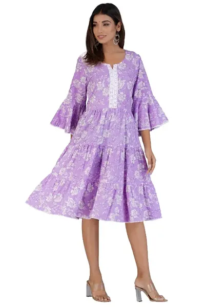 Cotton Fabric Bell Sleeve Layered Floral Printed Knee Length Asymmetric Purple Dress
