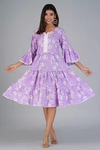 Cotton Fabric Bell Sleeve Layered Floral Printed Knee Length Asymmetric Purple Dress-thumb1