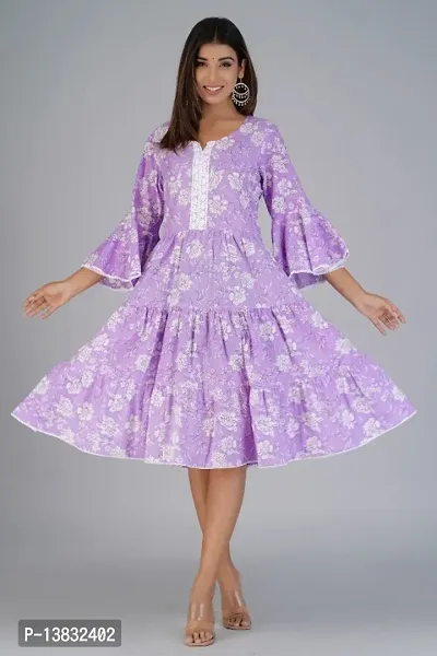 Cotton Fabric Bell Sleeve Layered Floral Printed Knee Length Asymmetric Purple Dress-thumb2