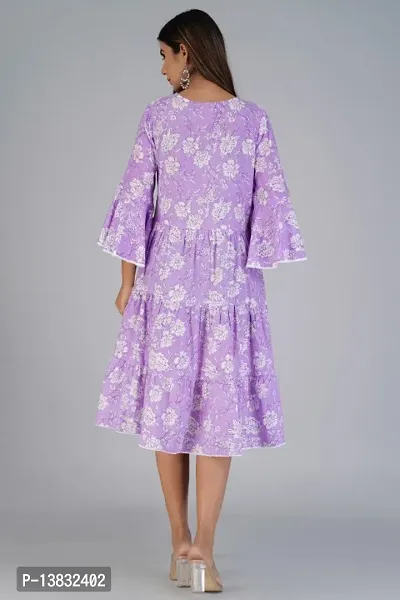 Cotton Fabric Bell Sleeve Layered Floral Printed Knee Length Asymmetric Purple Dress-thumb3