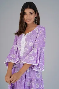 Cotton Fabric Bell Sleeve Layered Floral Printed Knee Length Asymmetric Purple Dress-thumb3