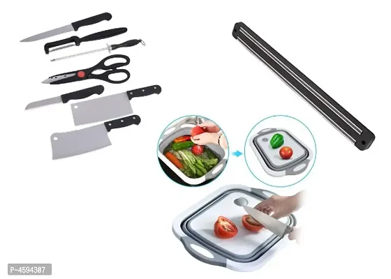 Shopper52 Stainless Steel Kitchen Knife Knives Set with Magnetic Knife Holder and Chopping Board-thumb0