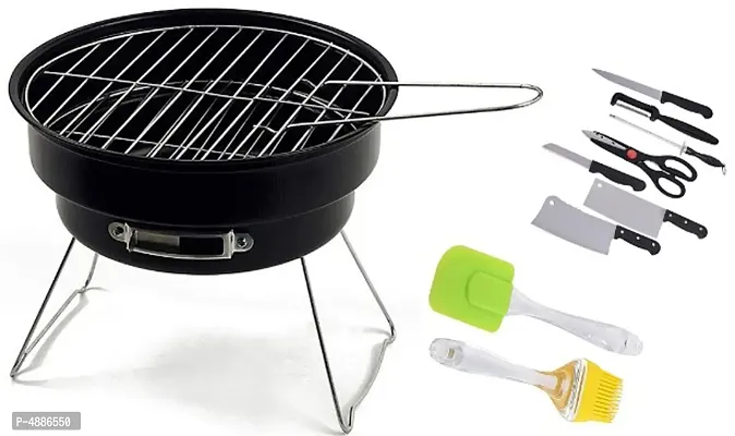 Charcoal Round Barbeque Grill with Cooking Silicon Spatula Brush and Kitchen Knife Set-thumb0