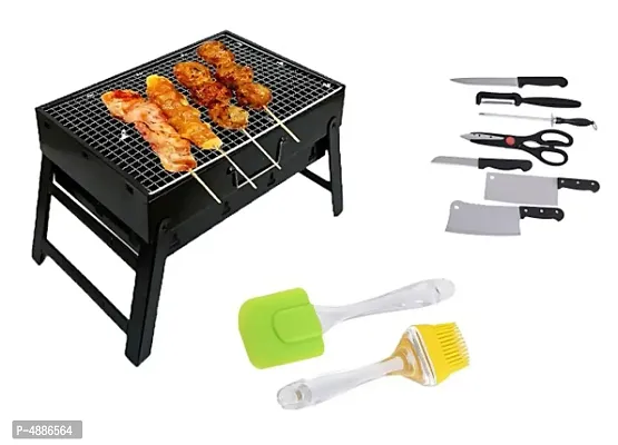 Charcoal Barbeque Grill with Cooking Silicon Spatula Brush and Kitchen Knife Set-thumb0