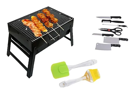 Charcoal Barbeque Grill with Cooking Silicon Spatula Brush and Kitchen Knife Set