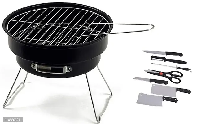 Round Charcoal Portable Barbeque Grill with Kitchen Knife Set-thumb0