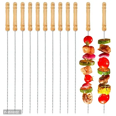 12pcs BBQ Skewers Tandoor for Barbecue, Grill | Stainless Steel Stick with Wooden Handle (Pack of 1)  - BBQSKW-thumb0