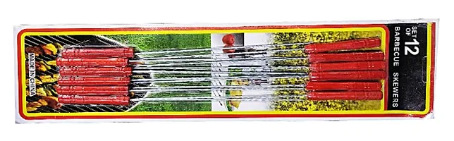 12pcs BBQ Skewers Tandoor for Barbecue, Grill | Stainless Steel Stick with Wooden Handle (Pack of 1)  - BBQSKW-thumb2