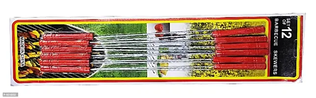 12pcs BBQ Skewers Tandoor for Barbecue, Grill | Stainless Steel Stick with Wooden Handle (Pack of 1)  - BBQSKW-thumb3