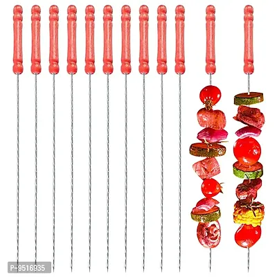 12pcs BBQ Skewers Tandoor for Barbecue, Grill | Stainless Steel Stick with Wooden Handle (Pack of 2) - BBQSKW-thumb0