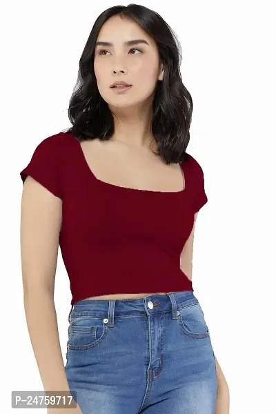 Luktrima Women?s Regular Fit Square Neck Crop Tops for Girls (S to L) Maroon